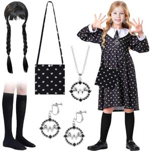 VOHESEA Wednesday Costume Kids 6 Pezzi Mercoledì Costume Bambini Set, Vestito Mercoledì Bambina, Abito da Mercoledì con Parrucche Calzino Borsa Orecchini Collana, Mercoledì Outfit per Carnevale Cosplay, 140cm