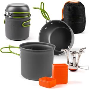 Shayson Fornello da Campeggio+Padella, Set di pentole da campeggio, Portatile Outdoor Backpacking Pentole Escursionismo Fornello da Cucina, Bruciatore a Propanoper con gas Accensione Piezoelettrica