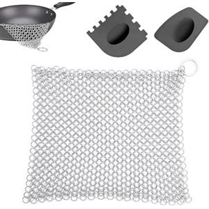 Jortmrd Pulitore in Ghisa, Scrubber Chainmail in Acciaio Inox, Detergente per Ghisa Scrubber, Pulitore per Pentole in Ghisa con Raschietti in Plastica, Pentole in Ghisa Barbecue Piatti(17,8 x 17,8 cm)