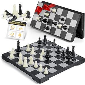 Gibot Scacchiera, Set di Scacchiera, Scacchi Magnetici da Viaggio, Chess Board, Scacchiera Portatile Pieghevole, Mini Scacchi per Bambini e Adulti, Bianco e Nero 16 × 16 cm