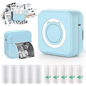 HUIJUTCHEN Mini Stampante Fotografica, Mini Stampante Termica Portatile Stampante Fotografica Istantanea Bluetooth con 10 Rotoli di Carta Termica e Ricarica USB Stampante per Note/Diario/Memo (Blu)