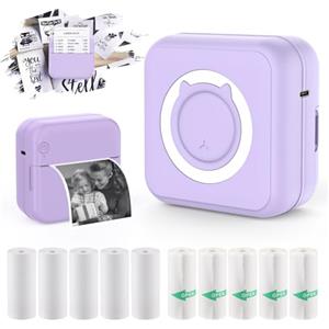 HUIJUTCHEN Mini Stampante Fotografica, Mini Stampante Termica Portatile Stampante Fotografica Istantanea Bluetooth con 10 Rotoli di Carta Termica e Ricarica USB Stampante per Note/Diario/Memo (Viola)