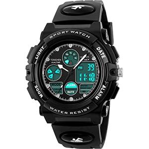 TONSHEN Digitale Orologi da Polso per Uomo Donna Ragazzo Bambini Subacqueo 50M Impermeabile Analogico Quarzo Orologio Sportivo Plastica Lunetta Gomma Band Doppio Tempo Sveglia LED Controluce (Nero)