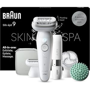 Braun Silk-épil 9 SkinSpa Depilatore Donna, Epilatore Elettrico Donna Con Testina Flessibile, Wet & Dry, Pelle Liscia a Lungo, Kit Tutto-In-Uno, Con Mini Depilatore Viso, 9-381, Bianco/Argento