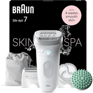 Braun Silk-épil 7 SkinSpa Depilatore Donna, Epilatore Elettrico Donna Con Testina Ampia Per Una Epilazione Facile, Wet & Dry, Pelle Liscia a Lungo, Kit Tutto-In-Uno, 7-081, Bianco/Argento