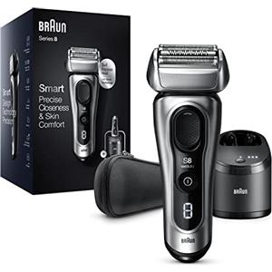 Braun Series 8, Regolabarba Uomo, Rasoio Elettrico Barba, Custodia da Viaggio, Tecnologia Sonica, Lame Flessibili, Custodia da Viaggio, Idea Regalo, 8467cc Grigio