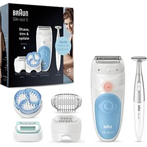 Braun Silk-épil 5, Epilatore Elettrico Donna Per Una Rimozione Dei Peli Delicata, Rasoio Donna Con 5 Accessori, Depilatore, Custodia E Rifinitore Bikini Styler, 5-815 Bianco e Azzurro