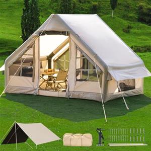 DanCoom Tenda da campeggio con tettoia, tenda a capanna, 4-6 persone, tenda per glamping, con telo parasole, facile da montare, impermeabile, per esterni, tenda gonfiabile con coperta da picnic (ICTENT-L)