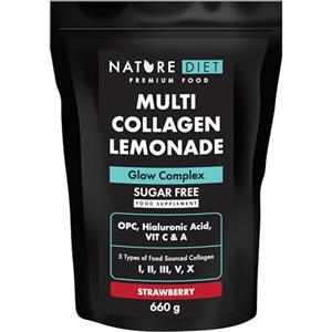 Nature Diet Multi Collagene Limonata | Fragola | 5 Tipi di Collagene | 660g | Fornitura di 60 Giorni | Senza Zucchero | Glow Complex con Acido Ialuronico, Vitamine C e A