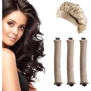 JINJUMEI 3 Bigodini Senza Calore e Cuffia Seta Notte, Bacchette Flessibili con Ganci e Clip, Cuffia Seta Capelli Ricci, Ricci Senza Calore Durante la Notte per Capelli Lunghi