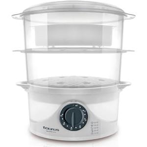 Taurus Salutecook - Vaporiera, 800 W, capacità 6 litri, 3 piani, timer 1 ora, capacità acqua 1 litro, accessorio fornello riso, bianco