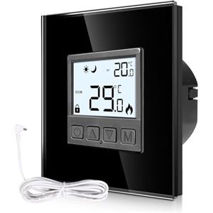 CNBINGO Termostato digitale da incasso con sonda, termostato per acqua riscaldamento a pavimento e caldaia, termostato da parete per sistemi di riscaldamento e raffreddamento, nero con telaio in vetro