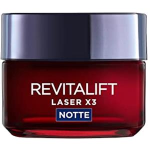 L'Oréal Paris Crema Viso Notte Revitalift Laser X3, Azione Antirughe e Anti-Età, Pelle Ridensificata e e Rinforzata, Con Acido Ialuronico, Vitamina C e Pro-Retinolo, 50 ml