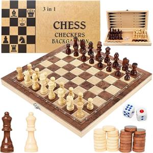 Qintora 3 in 1 Scacchiera in Legno Pieghevole con Scacchi, Dama Gioco da Tavola e Backgammon Set Portatile, Ideale per Bambini e Adulti, per Viaggi e Attività Familiari