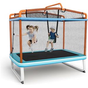 KOMFOTTEU Trampolino per Bambini 3-8 Anni, Tappeto Elastico Bambini 3 in 1 con Altalena Rimovibile e Barra Orizzontale, Saltarello da Esterno e Interno, Portato 110 kg, 190 x 124 x 172 cm (Arancione)