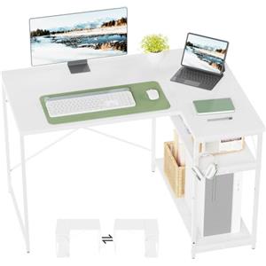 TRIUMPHKEY Scrivania ad Angolo Reversibile 110 x 80cm, Scrivania a Forma di L con Ripiani,Tavolo da Lavoro,Struttura in Acciaio, per Computer, Ufficio, Studio and Soggiorno, Bianco