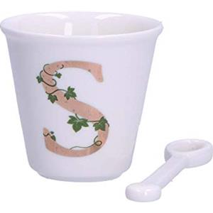 La Porcellana Bianca - Bicchierino Lettera S con Cucchiaino in Porcellana - 75cc, Ø 6,7cm, h6cm - Arredo Casa e Idea Regalo