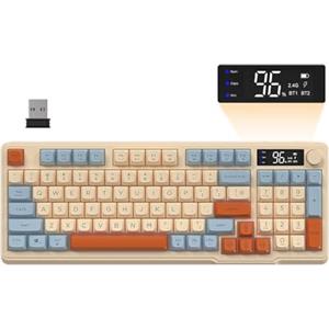 FREEWOLF M96 Tastiera Da Gioco Wireless, Controllo Tramite Manopola Bluetooth/Tastiera Wireless 2.4G, Retroilluminazione a LED RGB con Schermo, Copritasto PBT, 3000mAh, Layout USA QWERTY-Mirtillo