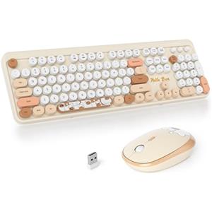 SOLIDEE Combo Tastiera e Mouse Wireless,tastiera macchina da scrivere retro,Tastiera per Computer con Tasti Rotondi 2.4GHz con Tastierino Numerico,Tastiera a 104 Tasti(Americana QWERTY)(Bear Beige)