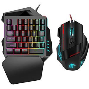 CCYLEZ Combinazione tastiera e mouse da gioco a una mano, tastiera retroilluminata a LED a 35 tasti, mouse ottico regolabile 1000 DPI-5500 DPI, set tastiera mouse per 2000/Win XP/Win