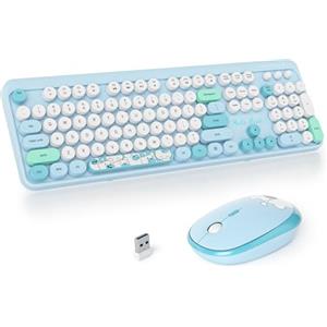 SOLIDEE Combo Tastiera e Mouse Wireless,tastiera macchina da scrivere retro,Tastiera per Computer con Tasti Rotondi 2.4GHz con Tastierino Numerico,Tastiera a 104 Tasti(Americana QWERTY)(Bear Blue)