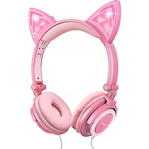 esonstyle - Cuffie per bambini con orecchie a LED, con cavo sicuro, 85 dB, in silicone per uso alimentare, jack AUX da 3,5 mm, per ragazze, colore: rosa