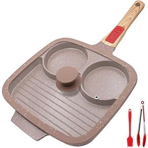 RANX INGST Padella Pancake con Coperchio 3 Fori, 26 cm Padella per Frittate con Rivestimento in Ceramica, Padella per Colazione con Maniglia Rimovibile - Marrone