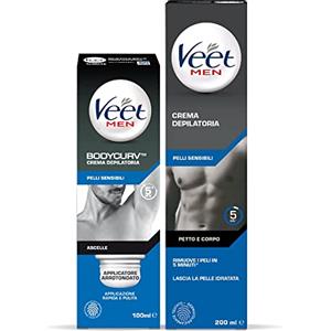 Veet For Men kit, Veet For Men Crema Depilatoria Ascelle, Pelli Sensibili, con applicatore arrotondato, 100 ml e Veet For Men Crema Depilatoria per Uomo Pelli Sensibili, 200ml