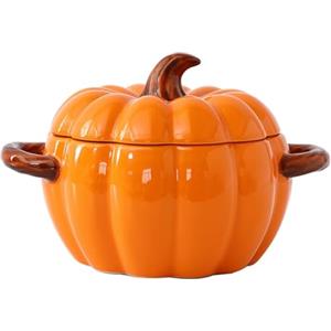 Justup Ciotola per zuppa con manico, 1,9 l, in ceramica, per zuppa di zucca, in ceramica, con coperchio, decorazione di Halloween, pentole Stockpot per la casa (arancione)