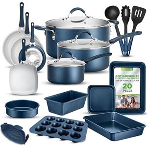 NutriChef Set di Pentole e Padelle Antiaderenti 20 Pezzi, Padella Antiaderente, Manici a Prova di Calore, Adatto per Fornelli a Gas, Elettrici e a Induzione, Facile da Pulire, Blu Marino