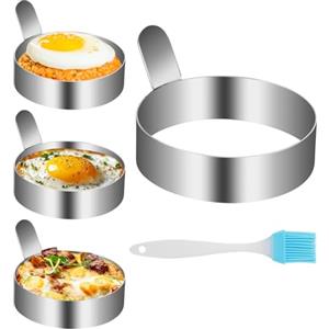 CTDMJ Set di 3 stampi per uova fritte per padella, con spazzola per grasso, antiaderente, in acciaio inox, per cucinare omelette, frittelle, frittelle, frittelle, omelette