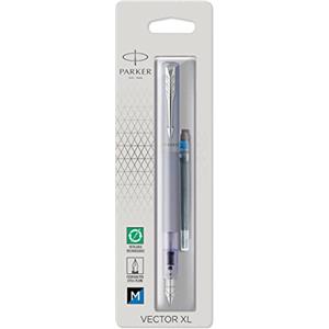 PARKER VECTOR XL - Penna stilografica, colore argento metallizzato su ottone, pennino medio, cartuccia di inchiostro blu, blister