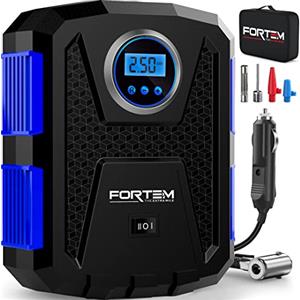 FORTEM Compressore Aria Portatile per Pneumatici, Pompa per Bicicletta, Compressore Aria 12V con Luce a LED, Manometro Digitale Pneumatici con Gonfiaggio/Spegnimento Automatico, con Custodia (Blu)