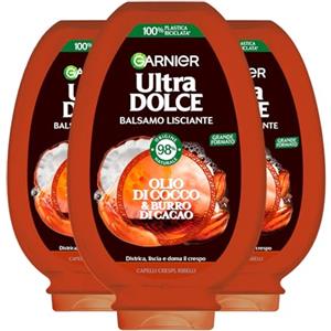 Garnier Ultra Dolce Balsamo Lisciante per Capelli Crespi e Ribelli Olio di Cocco e Burro di Cacao Districante Anti-Crespo con Ingredienti 98% di Origine Naturale - 3 Flaconi da 360ml