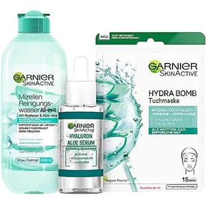 Garnier Skin Youcare Aloe Coffret con micelle, acqua detergente tutto in 1, 400 ml, siero ialuronico all'aloe vera, 30 ml e Hydra Bomb, maschera in panno all'aloe vera, 28 g