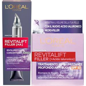 L'Oréal Paris Revitalift Filler Trattamento Rivolumizzante Crema Antirughe SPF50 con Acido Ialuronico per Pelli Mature 50ml + Revitalift Filler Crema Contorno Occhi Concentrata Idrata e Rimpolpa 15ml