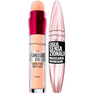 Maybelline New York Il Cancella Età Correttore Liquido Multiuso Applicatore a Spugnetta Colore 01 Light + Ciglia Sensazionali Mascara Volumizzante Colore Intense Black Effetto Ventaglio Senza Grumi