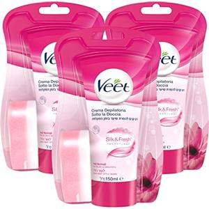 VEET 3x Veet Crema Depilatoria Sotto la Doccia Silk & Fresh Technology per Pelli Normali Idratante e Profumata con Spugna per l'Applicazione in Dotazione - Tubetto da 150ml