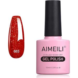 AIMEILI Smalto Semipermanente in Gel UV LED Smalto per Unghie Kit Smalti Semipermanenti Soak off Gel Colori per Manicure - Glitter Rosso Natalizio (663) 10ml