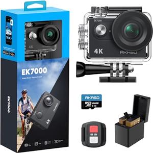 AKASO EK7000 Action Cam 4K 30FPS con Scheda di Memoria MicroSDXC da 64GB, WiFi 20MP Fotocamera Subacquea, Videocamera Stabilizzata Caricabatterie con 2 Batterie, Angolo di 170°