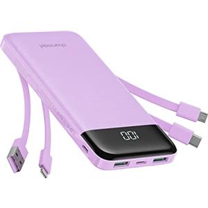 Charmast Power Bank 10000mAh con Cavi Integrati,Caricatore Portatile USB C 5V/3A Powerbank LED Display con 6 Uscite e 3 ingressi per iPhone Huawei Xiaomi (viola)