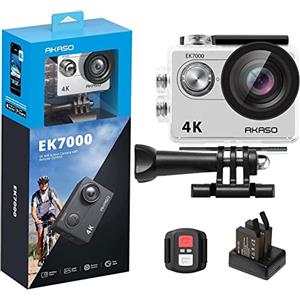 AKASO EK7000 Action Cam 4K 30FPS, WiFi 20MP Fotocamera Subacquea 30M, Videocamera Stabilizzata Caricabatterie con 2 Batterie Angolo di 170° Telecomando 2.4G e Kit Accesorios Multiples (Argenteo)