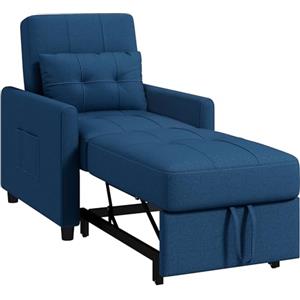 HOMCOM Poltrona Letto Singolo con Schienale Reclinabile su 3 Livelli, 2 Ruote e Cuscino, Divano Letto Singolo Pieghevole per Soggiorno in Tessuto Effetto Lino e Legno, 69x82x85cm, Blu