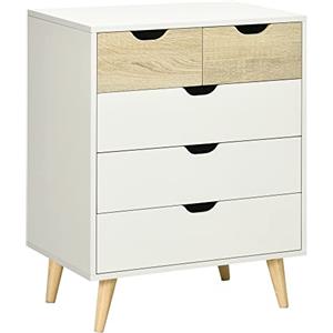 HOMCOM Cassettiera 5 Cassetti per Camera da Letto e Ingresso, Comò con Cassetti in Legno e Maniglie Intagliate, 60x40x77.5cm, Bianco e Legno