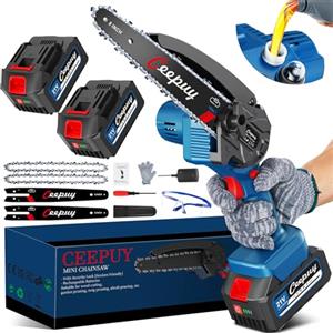 CEEPUY Mini Motosega a Batteria per Potatura con 8000mAh Batterie, 8 Pollici Sega a Batteria con Pompetta Olio, Motosega Elettrica a Batteria Portatile per il Taglio del Legno Giardini (Blu 8 pollici)