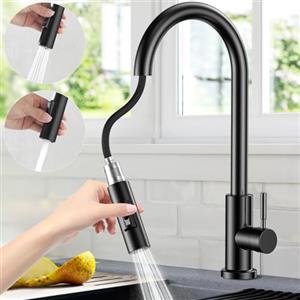 NIKYJM Rubinetto Cucina con Doccetta Estraibile, Rubinetto Lavello Cucina in Acciaio Inox Miscelatore per Cucina con Base Rimovibile, Girevole a 360 °, 2 Modalità Dell'acqua, Freddo e Caldo Disponibile-Nero