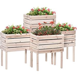 Outsunny Letto per Orto Rialzato con 4 Vasi Portapiante da 50x30x60cm, Fioriera da Esterno in Legno Colore Naturale