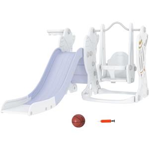 AIYAPLAY Gioco per Bambini 18-48 Mesi, Set 3 in 1 in Plastica con Scivolo per Bambini, Altalena e Canestro, 150x185x92 cm, Bianco e Grigio