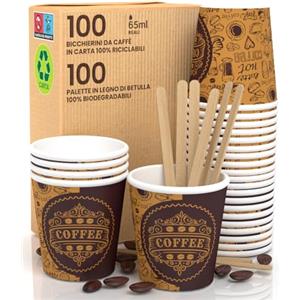 Baciato Caffè 100 Bicchierini in Carta per caffè 65ml PubCUP Bicchieri Ecologici Biodegradabili e Monouso Piccoli Asporto Bevande Calde + 100 Palettine in legno di Betulla