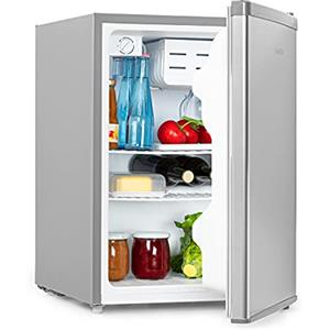 KLARSTEIN Cool Kid - Frigorifero, Mini Frigo con CompactCooling Design, Capacità: 66 L, Classe Energetica E, 2 Ripiani, Vano Freezer: 4 L, Vano per Bottiglie fino a 2 L, Grigio/Acciaio Inox Spazzolato